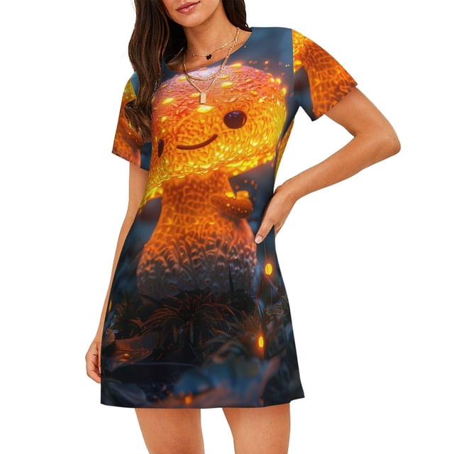 Saiise Motif Champignon Lumineux dans la Forêt Chemise de Nuit à Manches Courtes Col Rond Mignonne Robe de Nuit Confortable