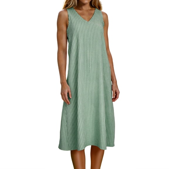 Gamivast Womens Linen Sundresses Sleeveless V-Neck Tank Dress Vertical Striped Shift Dress Loose Fit Knee Length Summer Beach Vacation Daily Playwear