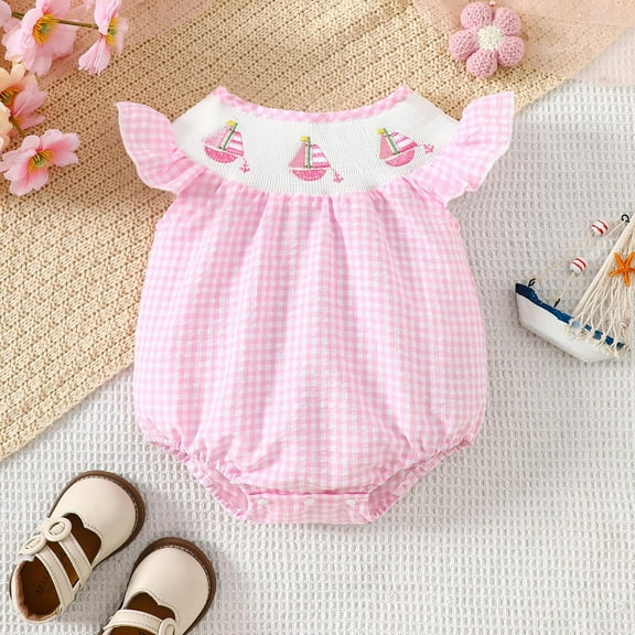 Girls Jumpsuit Baby Girls Summer Flutter Sleeve Plaid Romper Bodysuits with Sailboat Embroidery Baby Bubble Romper Pink 0 Months-3 Months