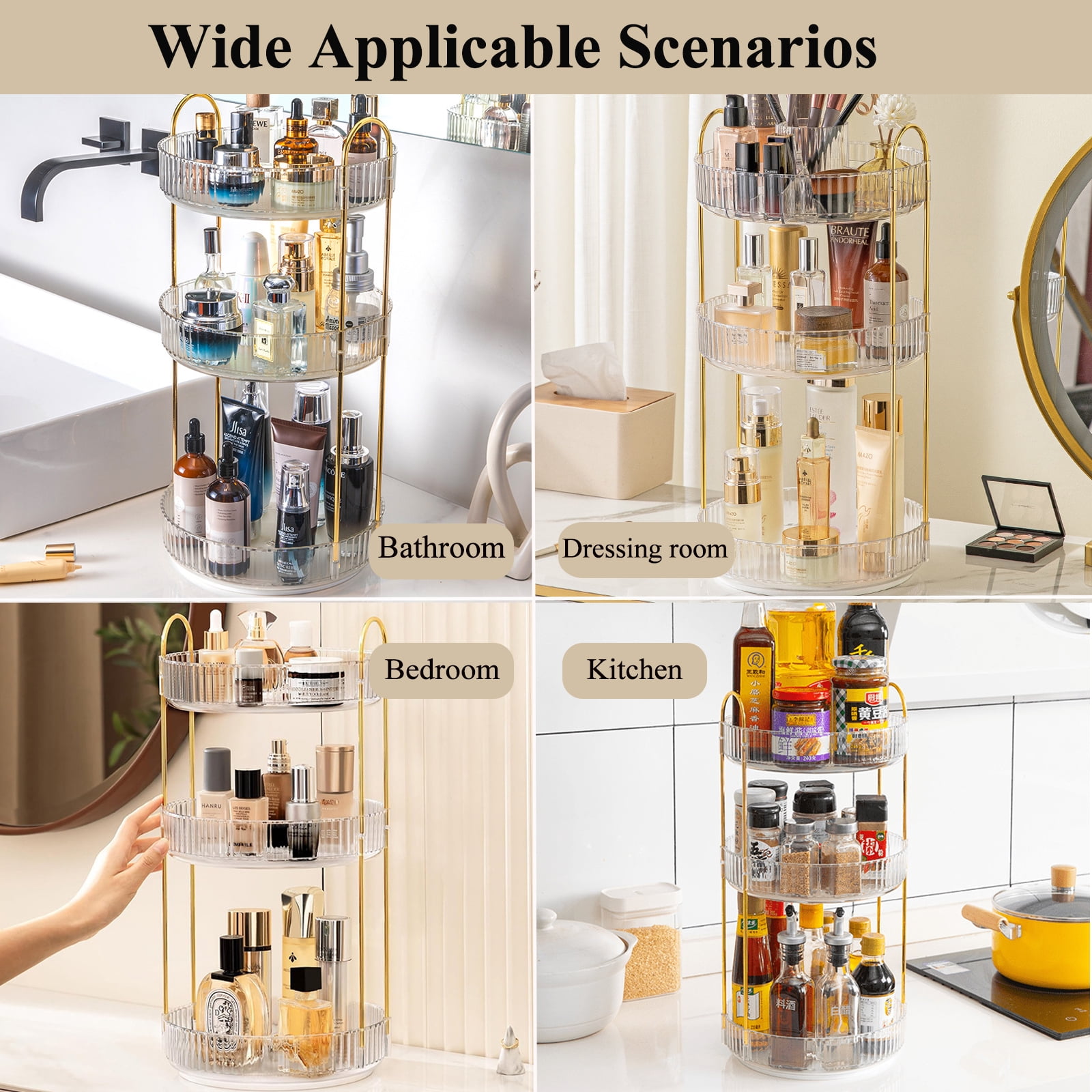 Kisportee 360° Rotating Makeup Organizer for Vanity, 3 Tier Large Skincare Make Up Storage Perfume Organizers for Bathroom Counter, Clear Cosmetic Dresser Lipstick Spinning Holder
