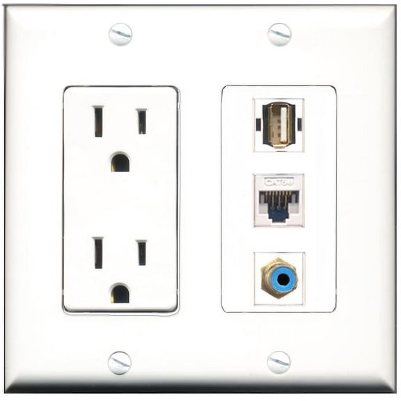 RiteAV - 15 Amp Power Outlet 1 Port RCA Blue 1 Port USB A-A 1 Port Cat5e Ethernet White Decorative Wall Plate