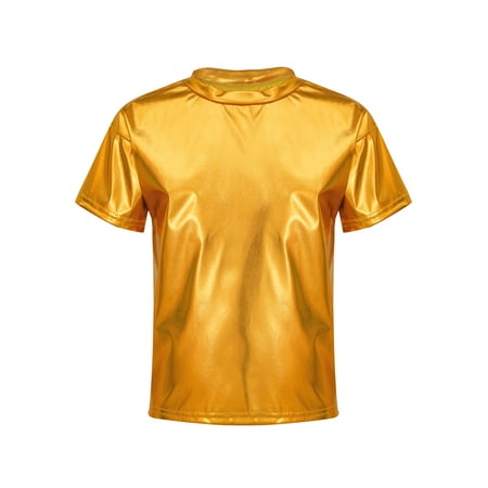 Raenseen Kids Girls Boys Sparkle Metallic T-shirts Modern Jazz Dance Outfits Hip Hop Costumes Party Performance Tops Gold 150