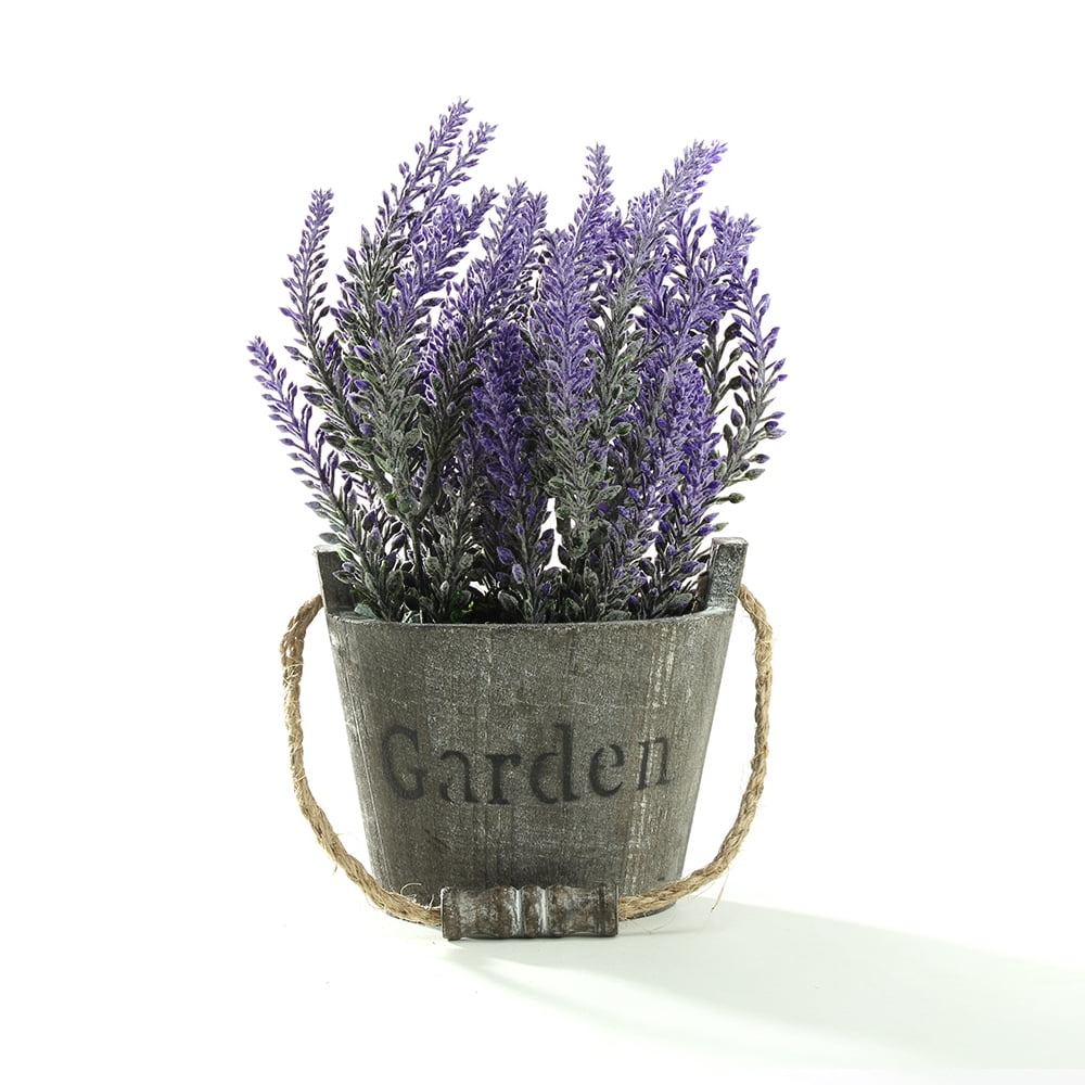 K-Cliffs Vintage Bouquet of Artificial Lavender Flowers  Potted in a Rustic Gray Wooden Metal Planter Pot   6.7Dia x 8.3H inches; 5Dia x 4.3 inches