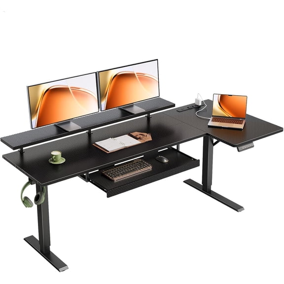 OffiGo 63 Inch L Shaped Electric Standing Desk with Keyboard Tray, Reversible Height Adjustable Corner Computer Desk with Monitor Stand, Sit Stand Up Lift Table for Home, Office, Carbon Fiber Black