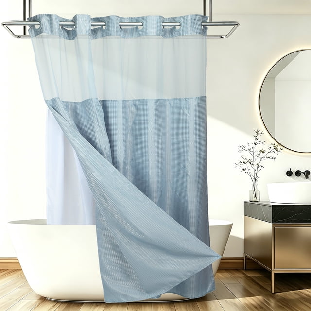 Cortina de Ducha Sin Gancho Uxcell, Conjunto de Forro Removible de Poliéster de 71Wx78L", Impermeable y Lavable, Cortinas de Ducha Texturizadas de Tejido Waffle para Baño de Casa y Hotel, Azul