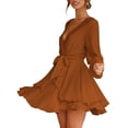 thumbnail image 2 of Women's Dress Deep V-Neck Long Sleeve Waist Tie Ruffle Mini Swing Skater Dresses, 2 of 11