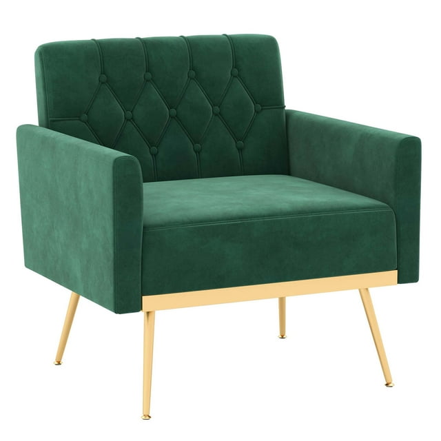 Costway Modern Velvet Accent Chair with Button Tufted Back Golden Metal Legs & Foot Pads Green
