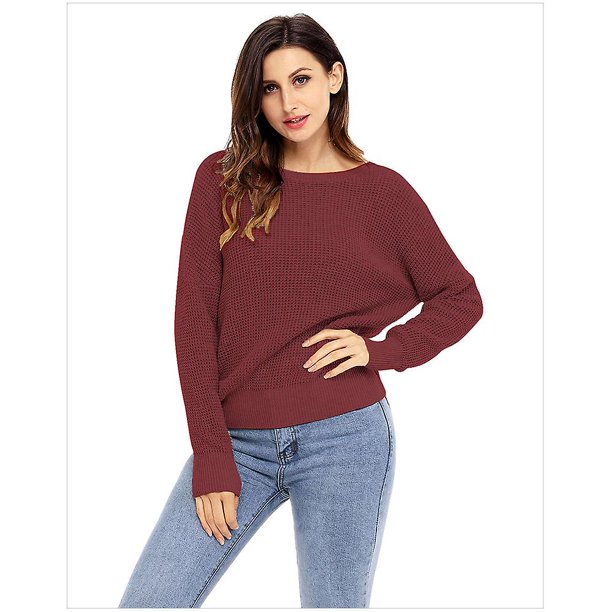 Women's Long Sleeve Crew Neck Solid Color Knit Pullover Sweater 