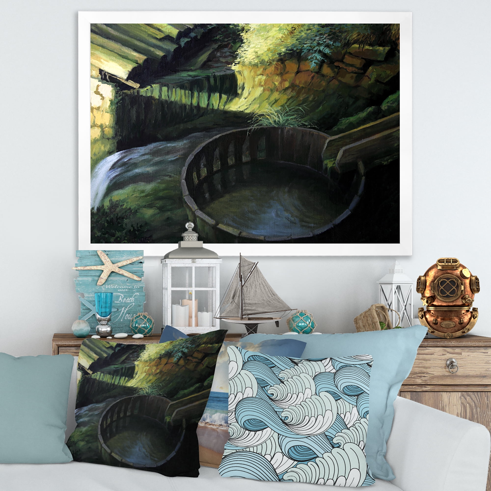 Designart 'Old Watermill In Green Nature Landscape' Lake House Framed Art Print