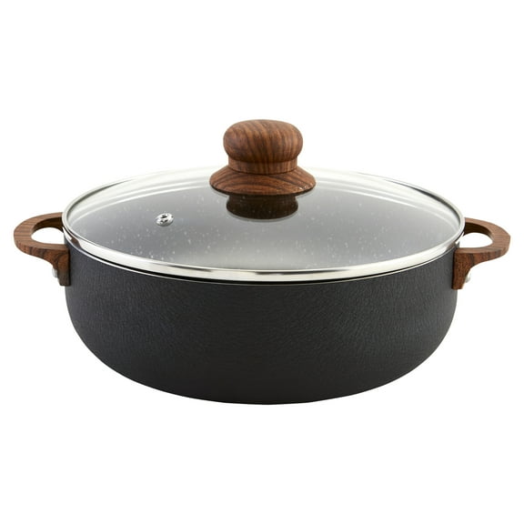 Imusa Black Stone Caldero with Glass Lid & Wood-Look Handles