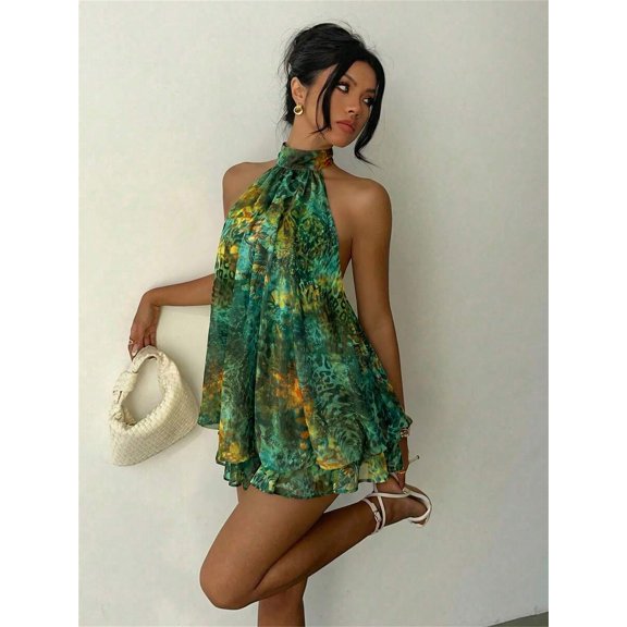 Green Abstract Print Halter Neck Backless Chiffon Tiered Mini Dress For Women