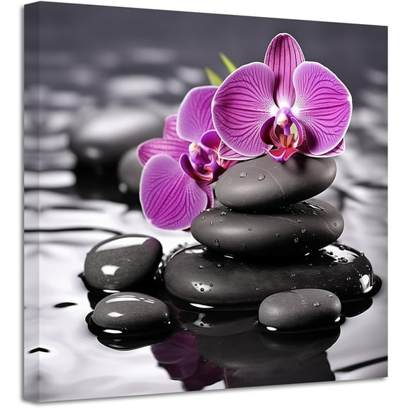 ZHONGYUTONG Zen Wall Art Purple Orchid with Spa Stone Picture Prints Meditation Canvas Paintings Yoga Bathroom Artwork Spiritual Wall Decor Framed (12.00" x 12.00")