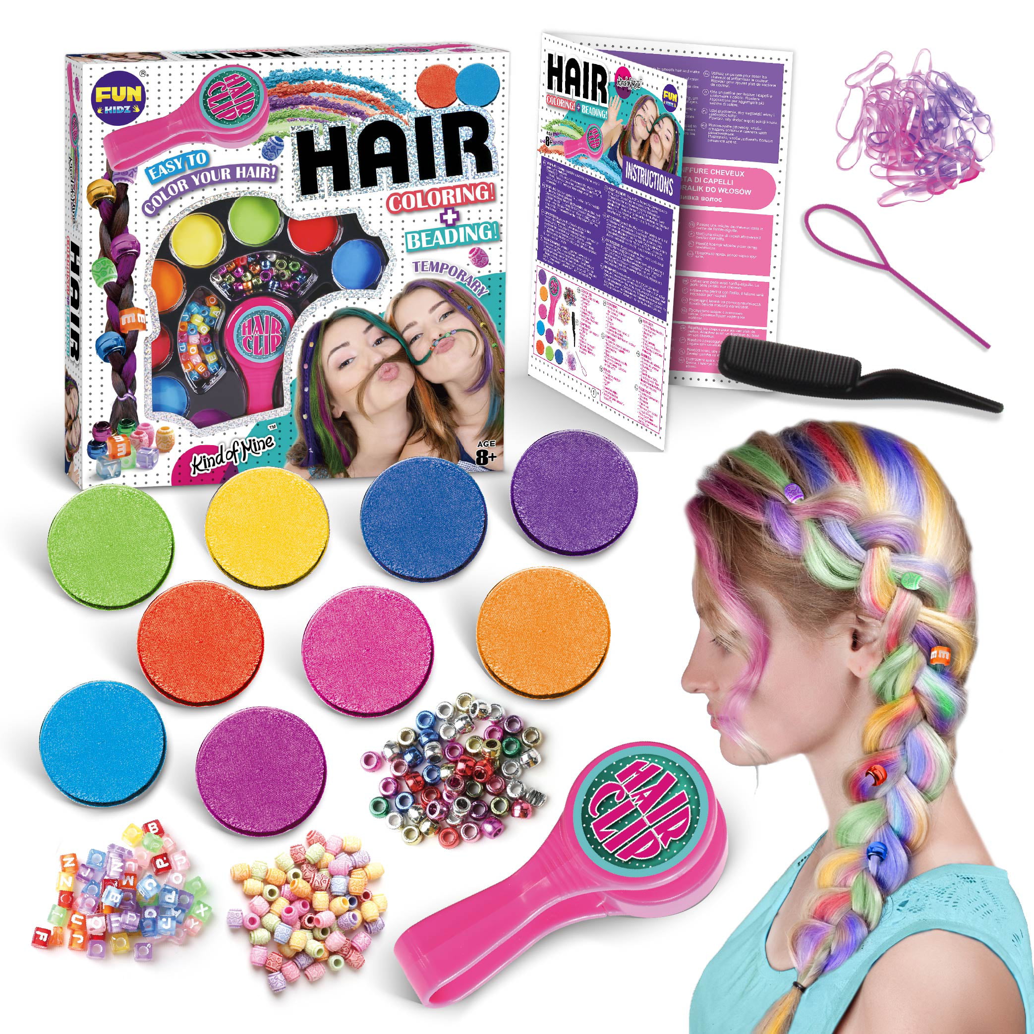 Handheld Hair Temporary Color and Braiding Accessories Combo Kit for Girls,  FunKidz Makeup Kit Washable Hair Dye Braids Tools for Kids 
