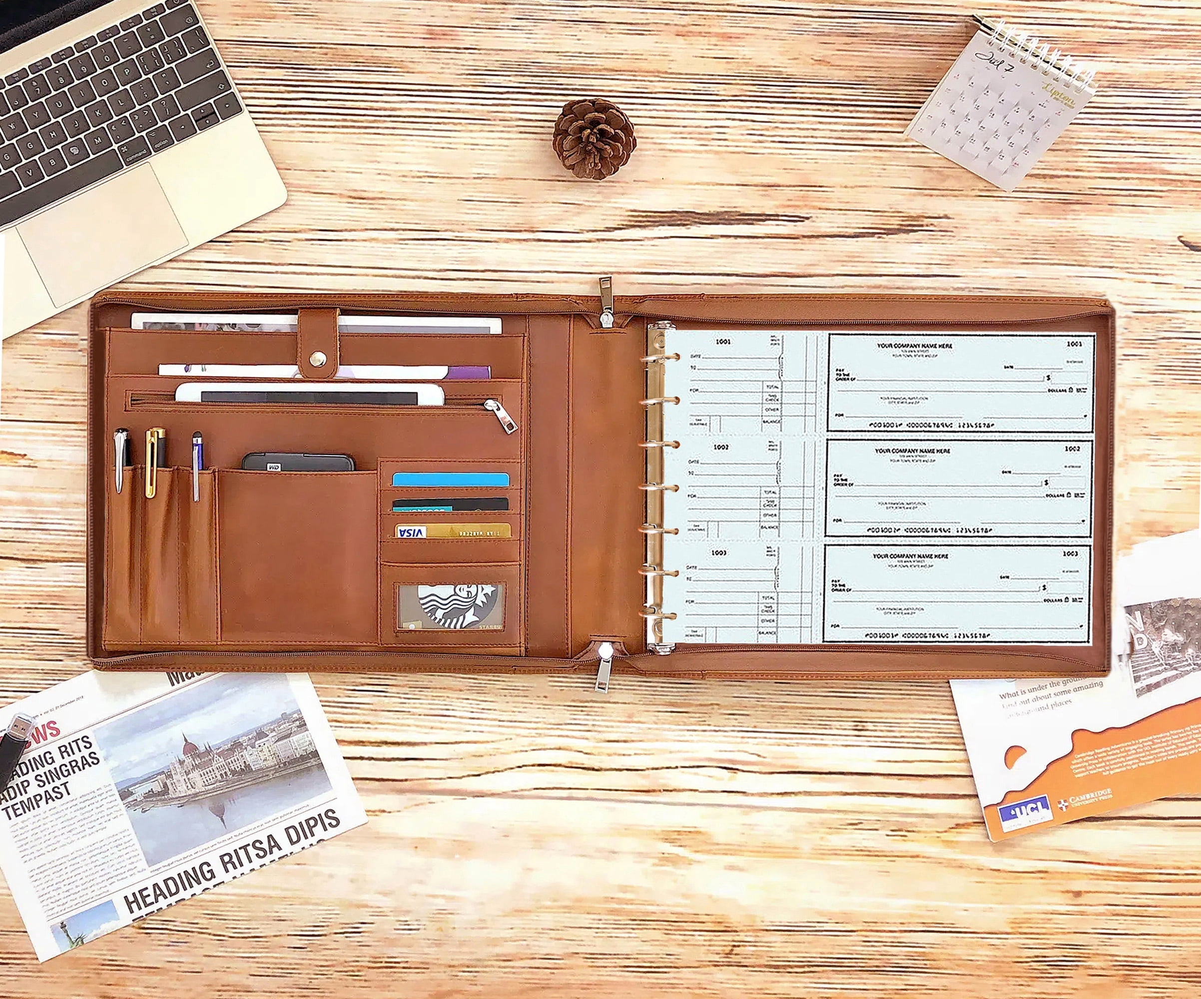 7 Ring Check Binder for Business Checks, Checkbook Binder with Zipper for 3-up Business Checks,Personalized Check Book Portfolio for 9 x 13 inch Sheets 600 Check, Check Holders for Men/Women