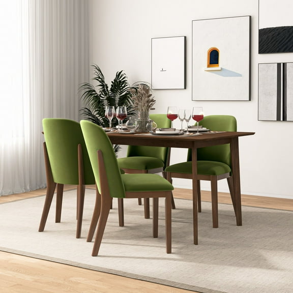 Kaitlyn Mid-Century Modern Green Velvet Dining Chairs (Set of 2) - Solid Wood Legs, Foam Fill, 34.3"H - Elegant Upholstered Kitchen & Living Room Furniture