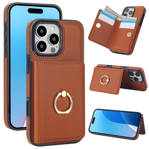 For iPhone 15 Pro Max Case Wallet Card Holder,Premium PU Leather Back Flip Kickstand Folio Case,RFID Blocking Ring Holder Shockproof Magnetic Women Men For iPhone 15 Pro Max,Brown