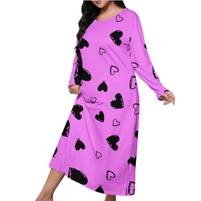 Chemises de Nuit Oversize pour Femmes, Douces et Confortables, Robe de Pyjama à Manches Longues, Mignonne Imprimée, Maxi Ample, Grande Taille (Hot Pink1#, 4TG)