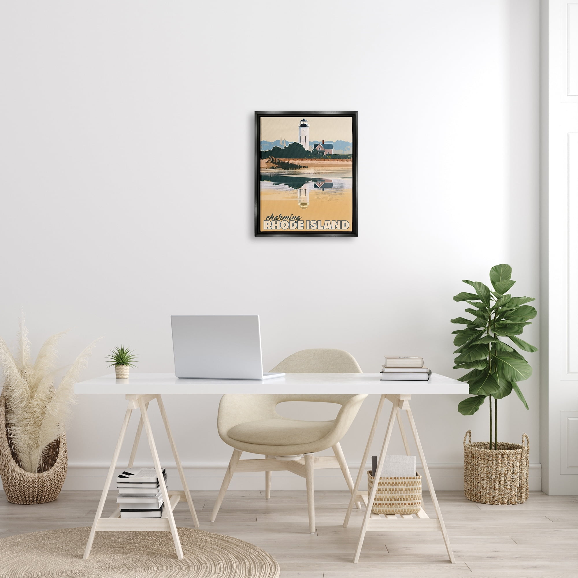 Stupell Industries Travel Charming Rhode Island Seaside Lighthouse Beacon Graphic Art Jet Black Floating Framed Canvas Print Wall Art, Design by David Owens Illustration
