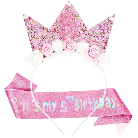 Monebena 5th Birthday Decorations for Girls, Birthday Girl Headband & Glitter Sash Set for 5 Year Old Girl Birthday Decorations, Birthday Flower Princess Crown Headband for Happy 5th Birthday Girl