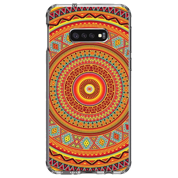 DistinctInk Clear Shockproof Hybrid Case for Samsung Galaxy S10e (5.8" Screen) - TPU Bumper, Acrylic Back, Tempered Glass Screen Protector - Orange Teal Yellow Tribal Print