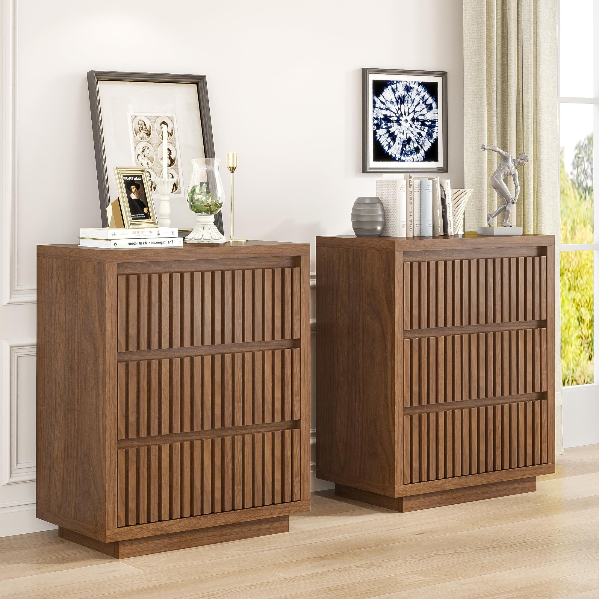 Fluted 3 Drawer Dresser, Mid Century Small Wood Chest for Bedroom, Modern Closet Clothes Organizer, Walnut Brown Storage Cabinet