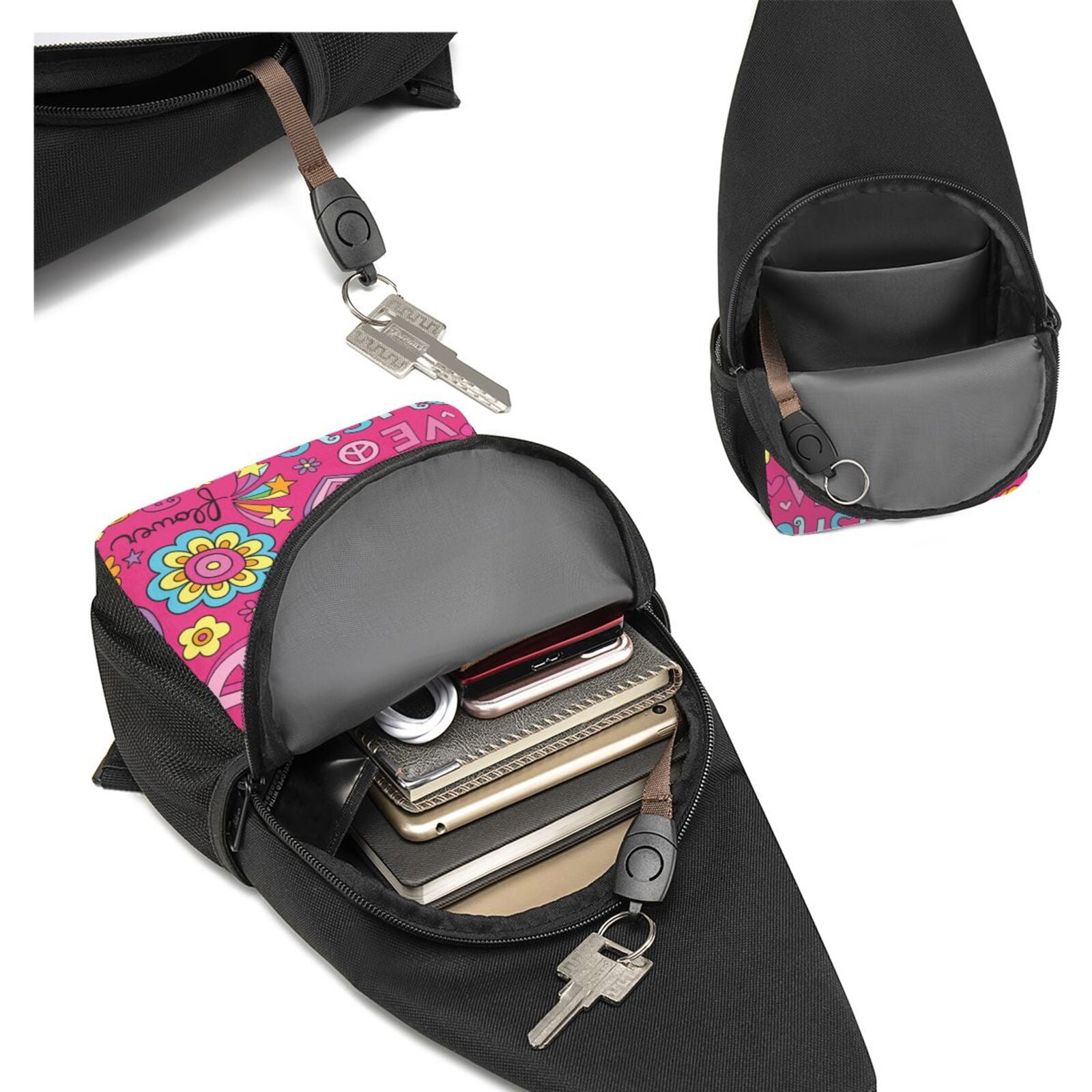 Xecao's Peace Love and Dove Flower Power Print Sling Bag: A Versatile Chest, Shoulder, and Crossbody Backpack for Casual Days Out, Perfect for Both Men and Women