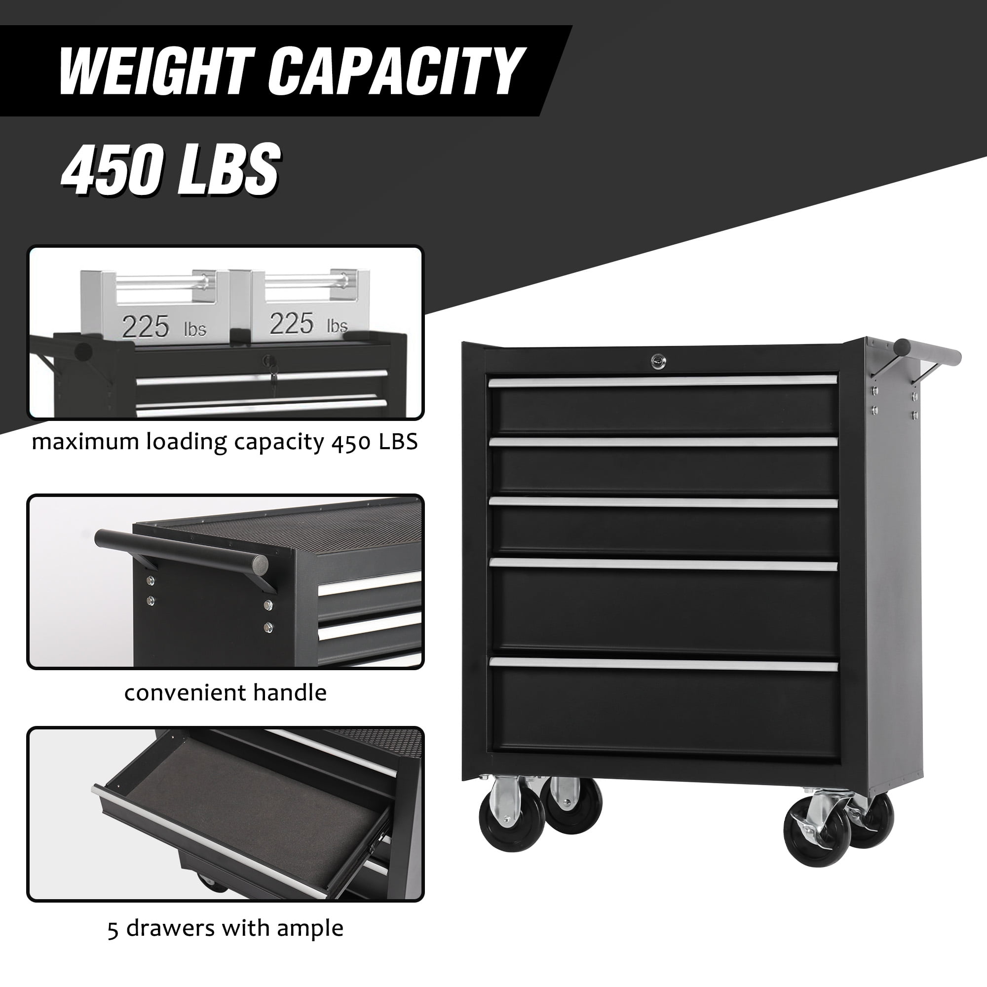 MAYEERTY 5-Drawer Rolling Tool Chest with Lock & Key, Tool Storage Cabinet with Wheels, Tool Organizer Box for Garage, Warehouse