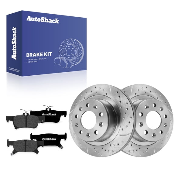 AutoShack Rear Solid Drilled & Slotted Silver Zinc Coated Brake Rotors   Premium Ceramic Pads 6-PC Brake Kit Replacement for 2017-2018 Buick Envision SilverShield Pro 11.34" (288 mm)