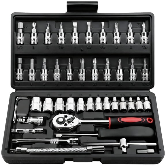 46-piece 1/4-inch drive socket wrench set, including drill bit socket set, metric and extension rods