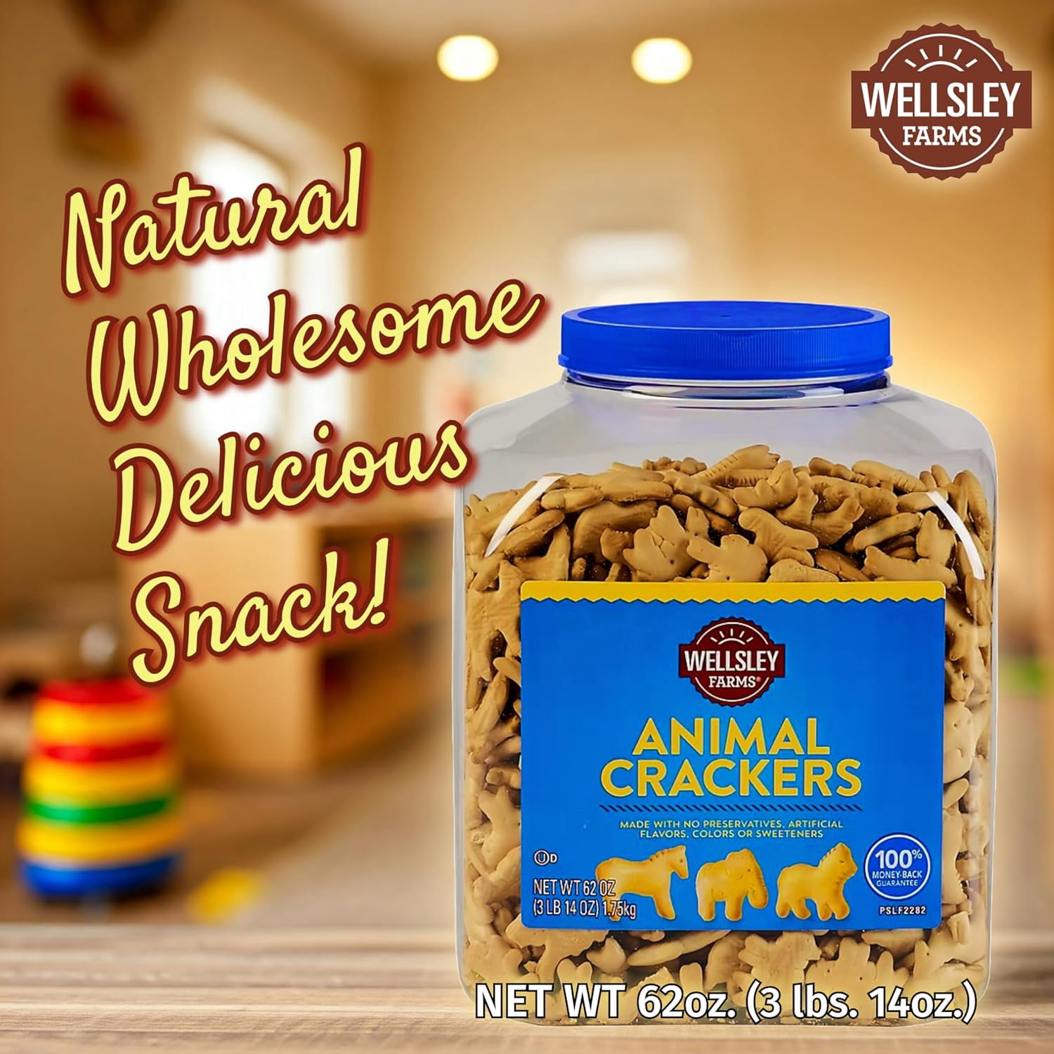 Wellsley Farms Animal Crackers. 62oz. Plastic Tub. (3lbs. 14oz)