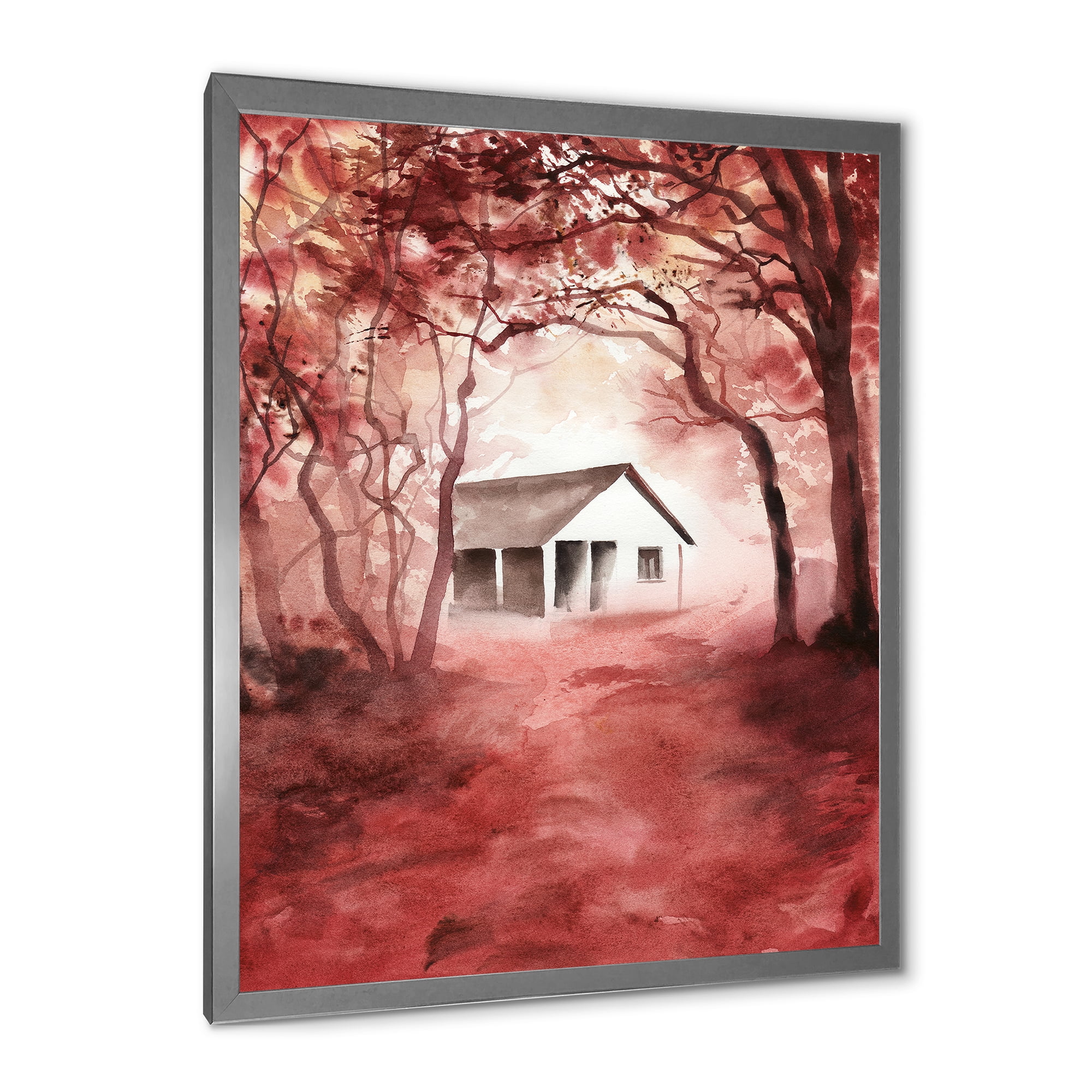 Designart 'Red Autumn Woods and A House in Wild' Cabin & Lodge Framed Art Print
