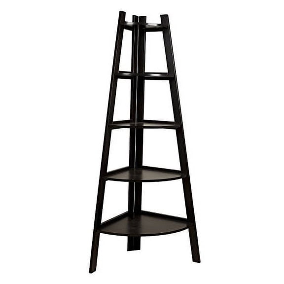 5-Tier Corner Ladder Bookshelf - Black, Contemporary Style, 5 Shelves, Triangular Shape