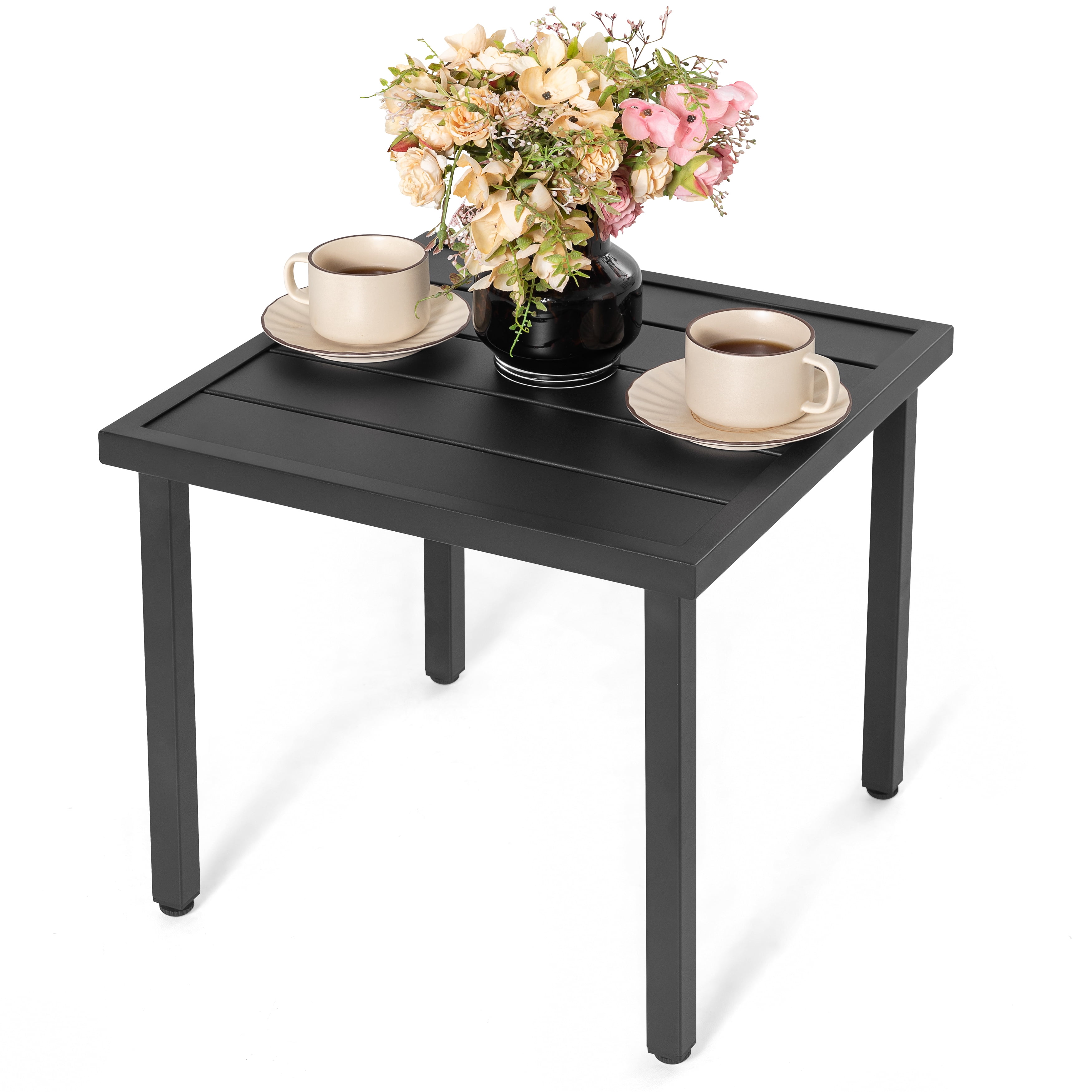 Nuu Garden Square Outdoor Side Table with Slatted Top and Adjustable Feet, Powder-Coated Metal Patio Table, All-Weather Patio Coffee Table for Backyard Pool Porch Garden Lawn, Black