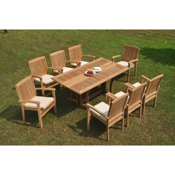 Grade-A Teak Dining Set: 8 Seater 9 Pc: Warwick Console Folding Rectangle Table And 8 Wave Stacking Arm Chairs Outdoor Patio WholesaleTeak #WMWave38