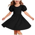 thumbnail image 2 of MKOSPLRT Girls Puff Short Sleeve Summer Dress Kids Casual Crew Neck Cross Back A-Line Dresses Solid Knee Length Dress Black 14-15 Years, 2 of 8