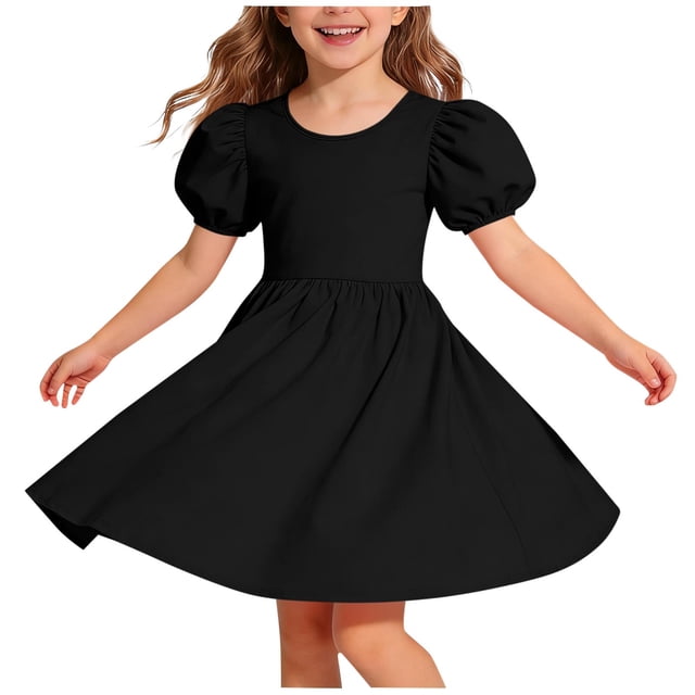 Vestido Fluido de Manga Corta para Cuello Redondo de las Niñas Color Sólido Manga Puff Vestido con Ruffles con Correa Trasera Crisscross Accesorios para el Cabello Corto