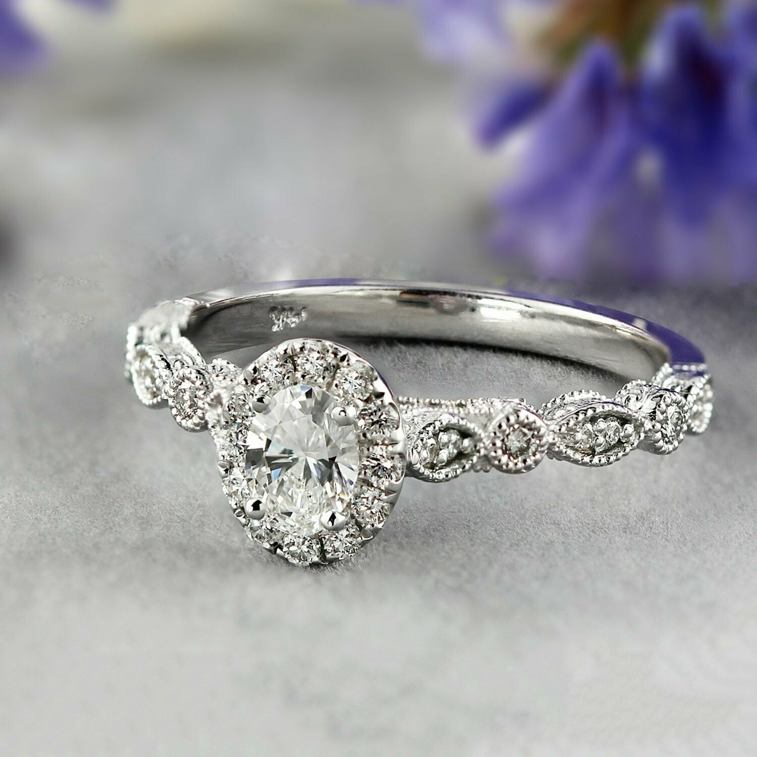 HeartsAndYou 2ct Oval Cut Moissanite Milgrain Vintage Inspired Engagement Ring for Women 18k White Gold over Silver Stylish