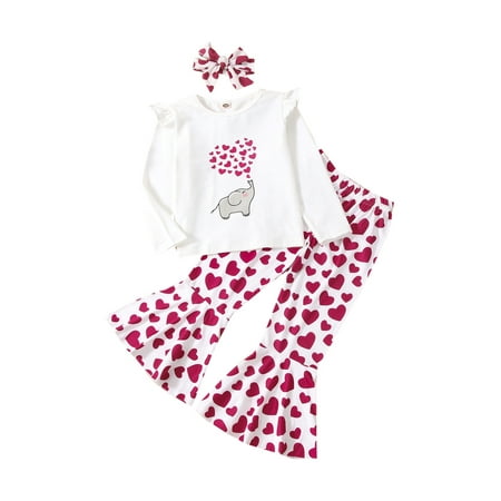

Toddler Baby Girls Valentine s Day Sets Cartoon Elephant Heart Print Shirt Pullover + Flared Pant + Headband