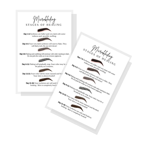 Postales de etapas de curación de microblading de cejas Lashicorn | Paquete de 30 | Tamaño 4 x 6 pulgadas Postal | Micropigmentador | Maquillador Permanente | Diseño de tarjeta blanca