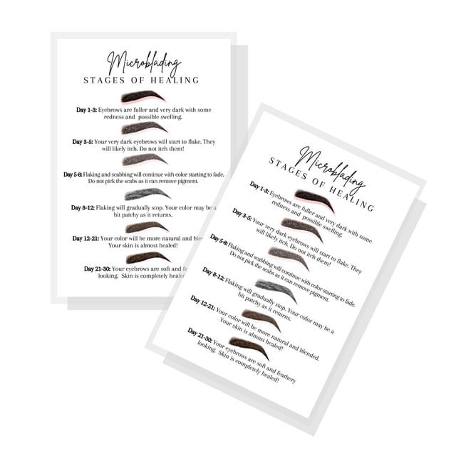 Postales de etapas de curación de microblading de cejas Lashicorn | Paquete de 30 | Tamaño 4 x 6 pulgadas Postal | Micropigmentador | Maquillador Permanente | Diseño de tarjeta blanca