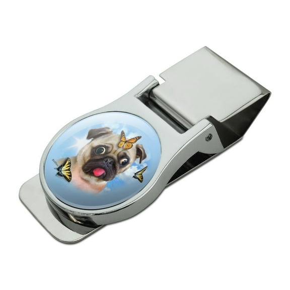 Pug Dog Butterflies Selfie Satin Chrome Plated Metal Money Clip