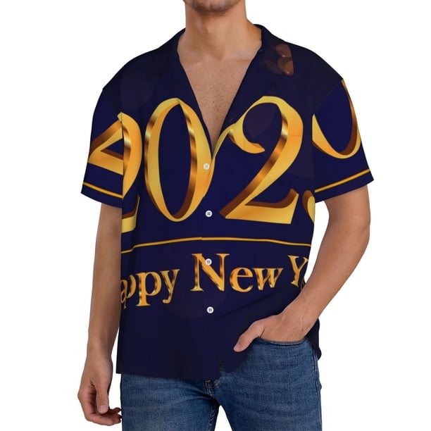 Fotbe 2025 Happy New Year 3 Camisa Estampada de Manga Corta para Hombre, Casual de Verano, Estilo Playero, Sin Arrugas-Large