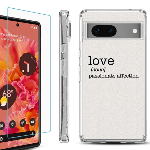 OneToughShield ® for Google Pixel 7a Shockproof Bumper Phone Case, with Tempered Glass Screen Protector - Dictionary/Love