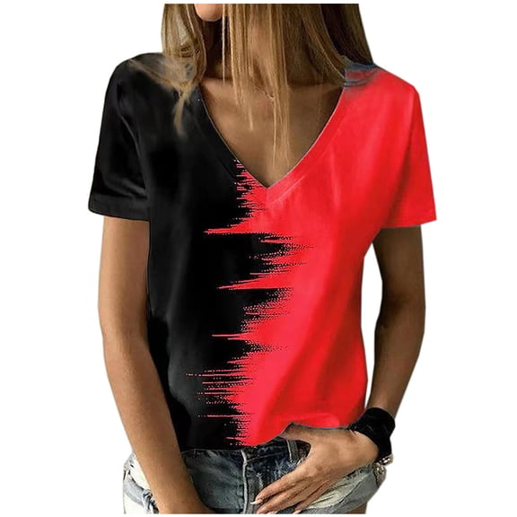 Odeerbi Womens Tops Dressy Casual Blouse Trendy V-Neck Short Sleeve Print T-shirt Red