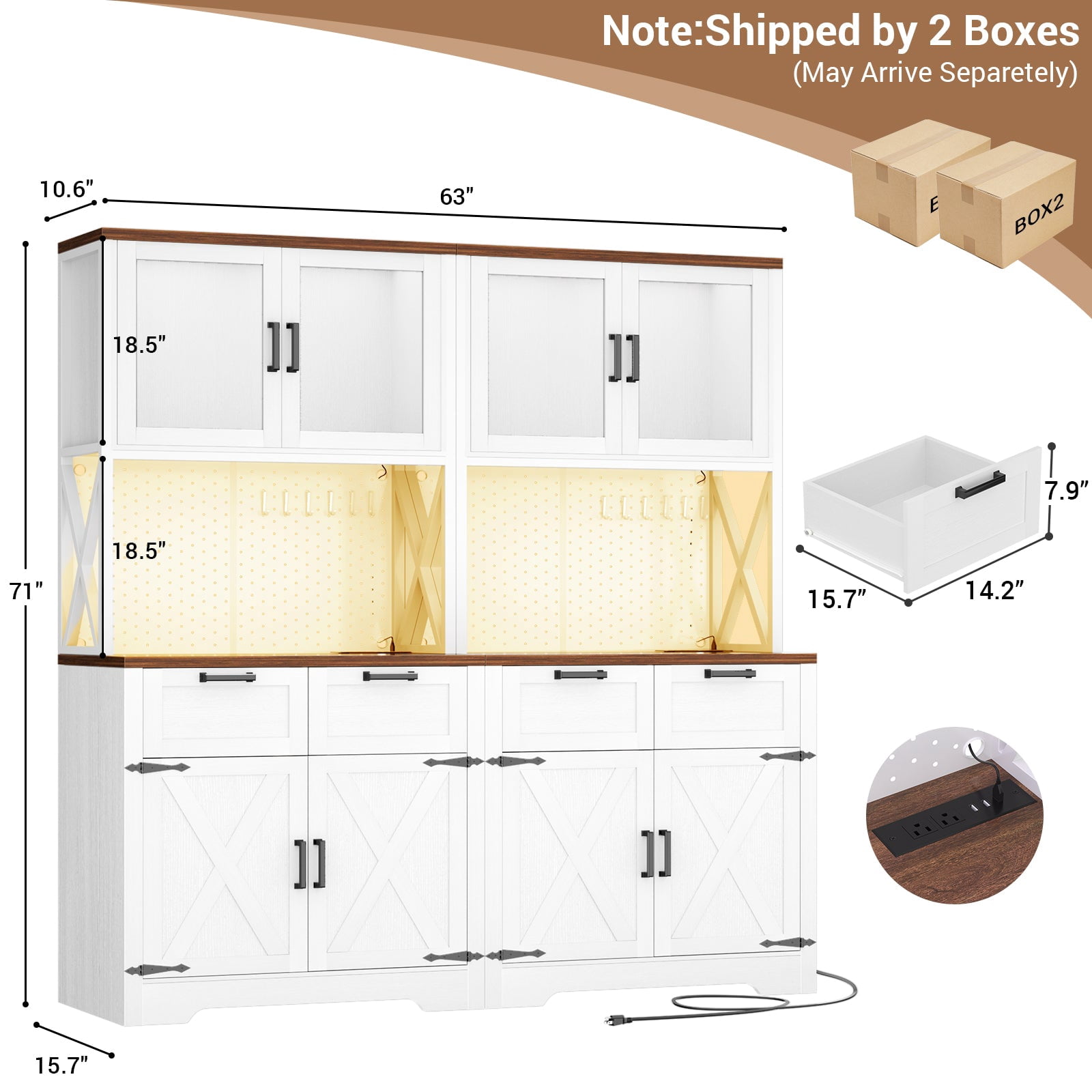 Homieasy 71'' Tall Kitchen Pantry Storage Cabinet with LED Light & Outlet, Kitchen Hutch Cabinet with Large Countertop, DIY Pegboard and Drawers, Farmhouse Food Pantry, White & Brown 2 Pack