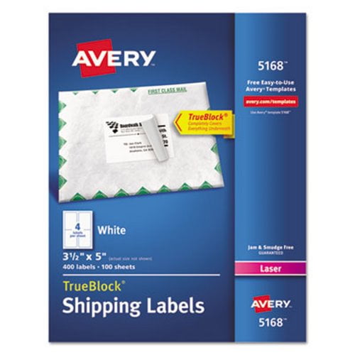 Laser Printers Permanent Adhesive TrueBlock Avery Shipping Address Labels 3-1//2 x 5 5-Pack 5168 2,000 Labels