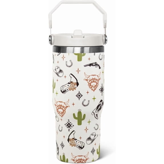 30oz Western Flip Tumbler with Handle lid and Straw,Cow Skull CoffeeTravel Mug Cup Water Botter,Western Stuff Decor Accessories
