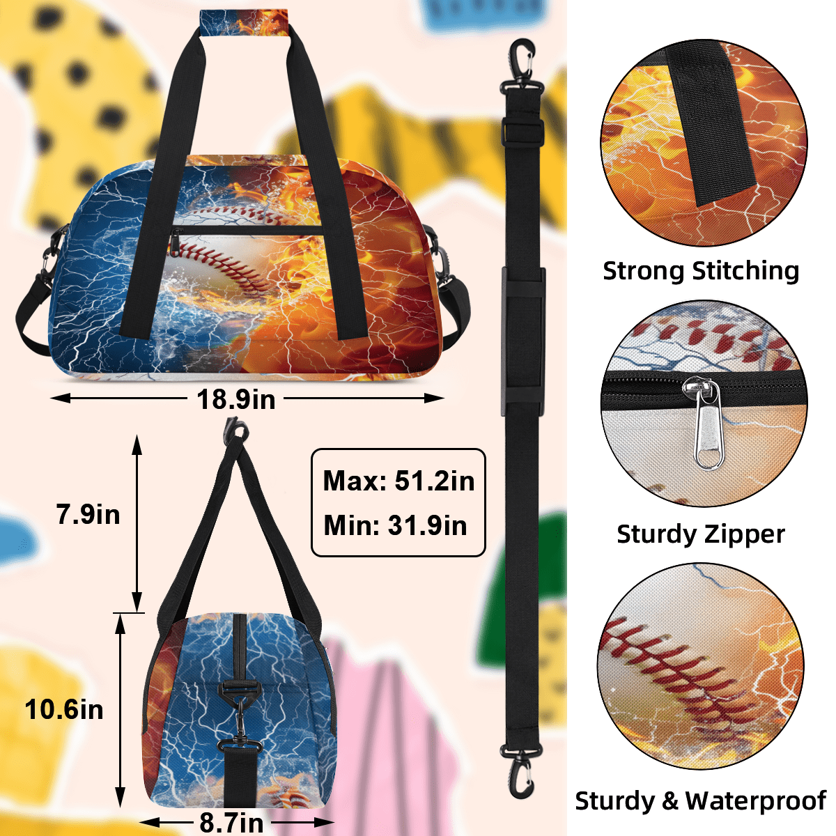 Herdesigns Baseball Sports Theme Sports Duffle Bag for Women & Men, Gym Bag Dance Bag Overnight Bag Carry On Weekender Travel Bag