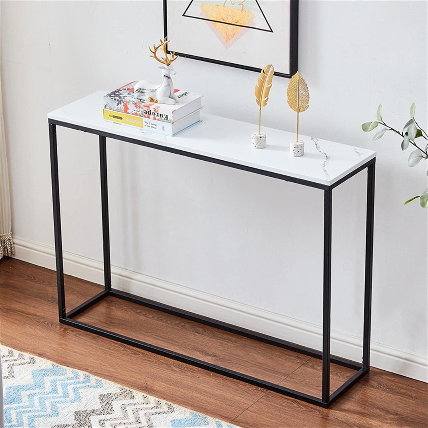 Cplxroc Faux Marble Console Table Accent Coffee Table with Metal Frame Hall Furniture Snack Entryway Table Couch Table for Hallway MDF Entry Table Black Frame Entrance Sofa Table Living Room