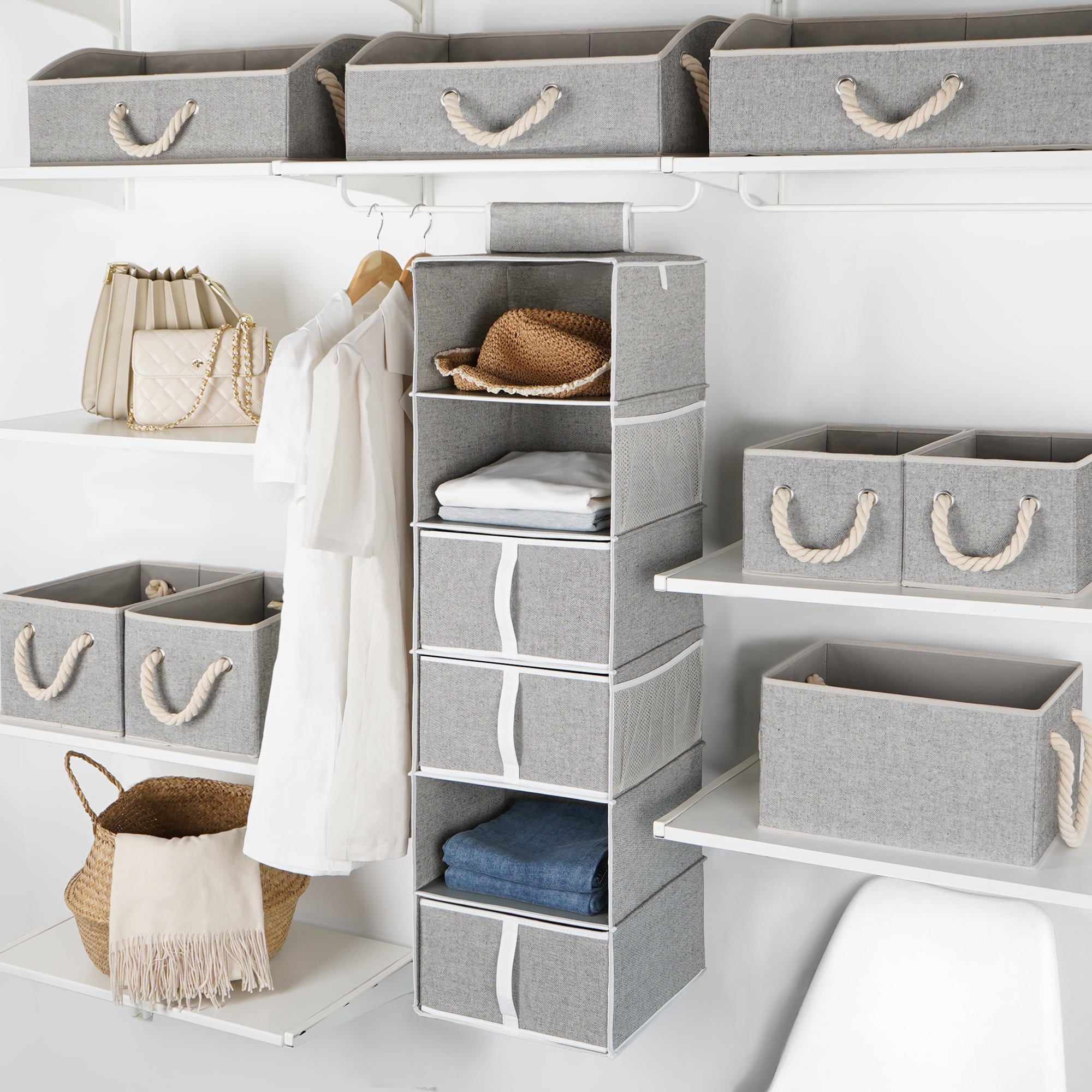 Hanging Closet Organizer 6-Shelf, Yecaye Two Separable 3-Shelf Hanging  Shelves for Closet with 3 Divisible Drawers 4 Side Pockets, Gray